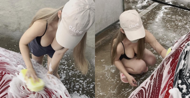 這裡有人應徵洗車工！巨乳辣妹賣力刷車　晃動幅度太強勁